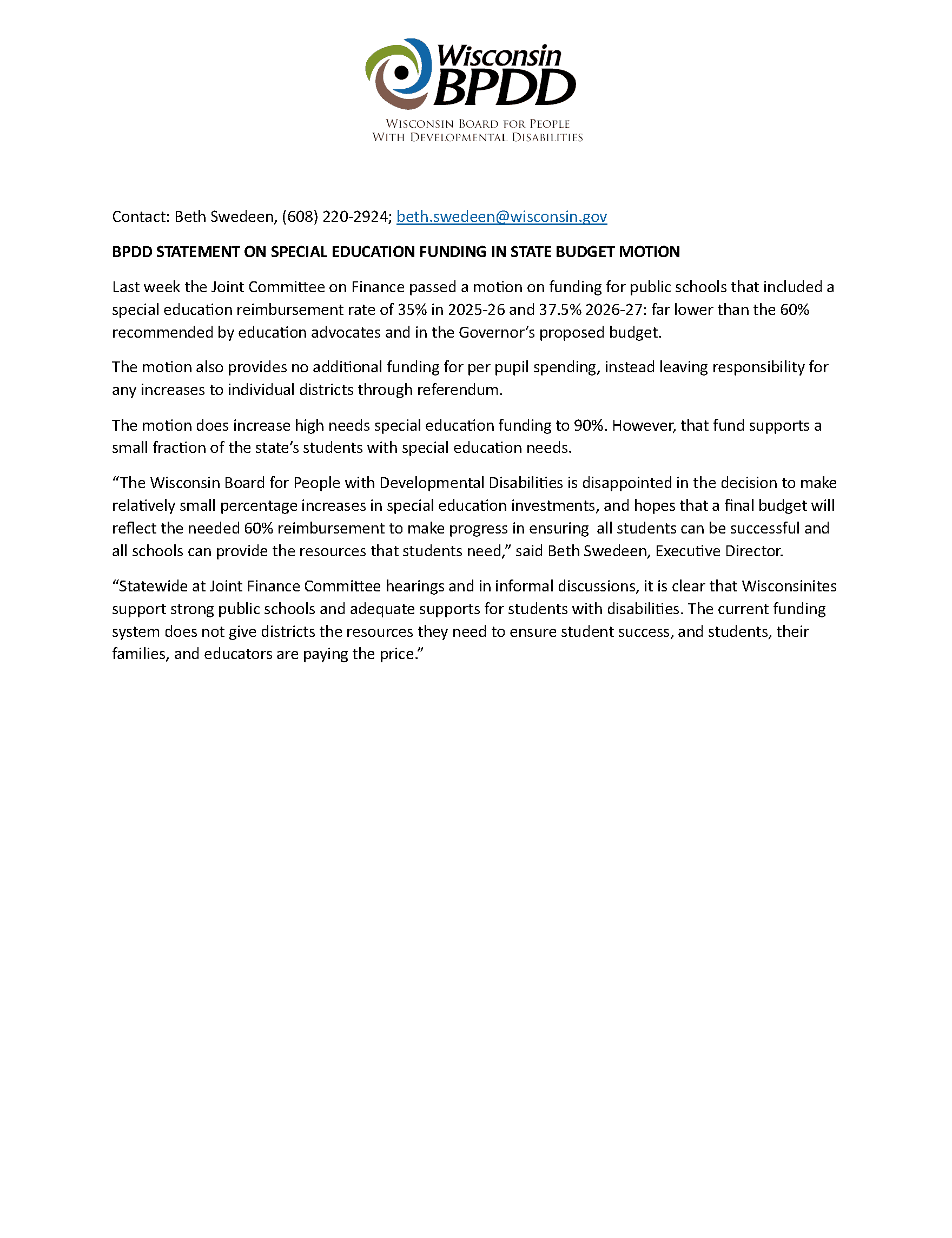 BPDD Statement on Special Education Funding in State Budget Motion