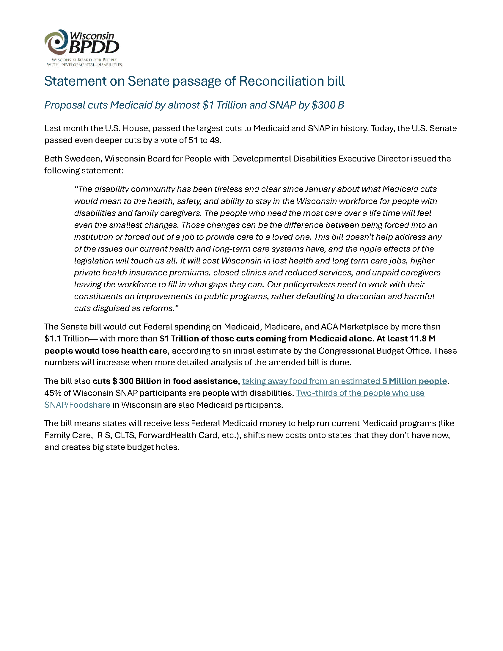Statement on Senate passage of Reconciliation bill
