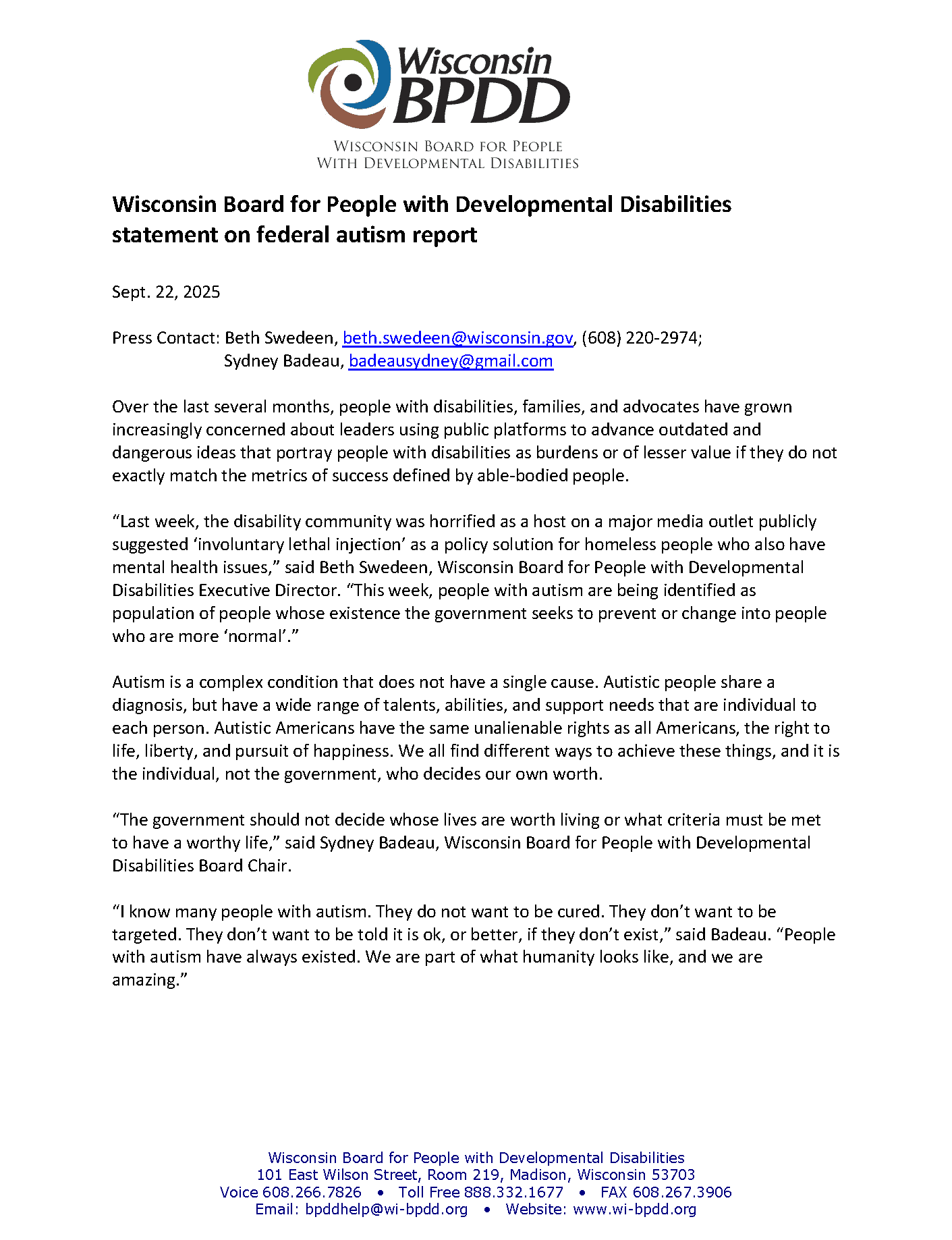 Wisconsin Board for People with Developmental Disabilities statement on federal autism report