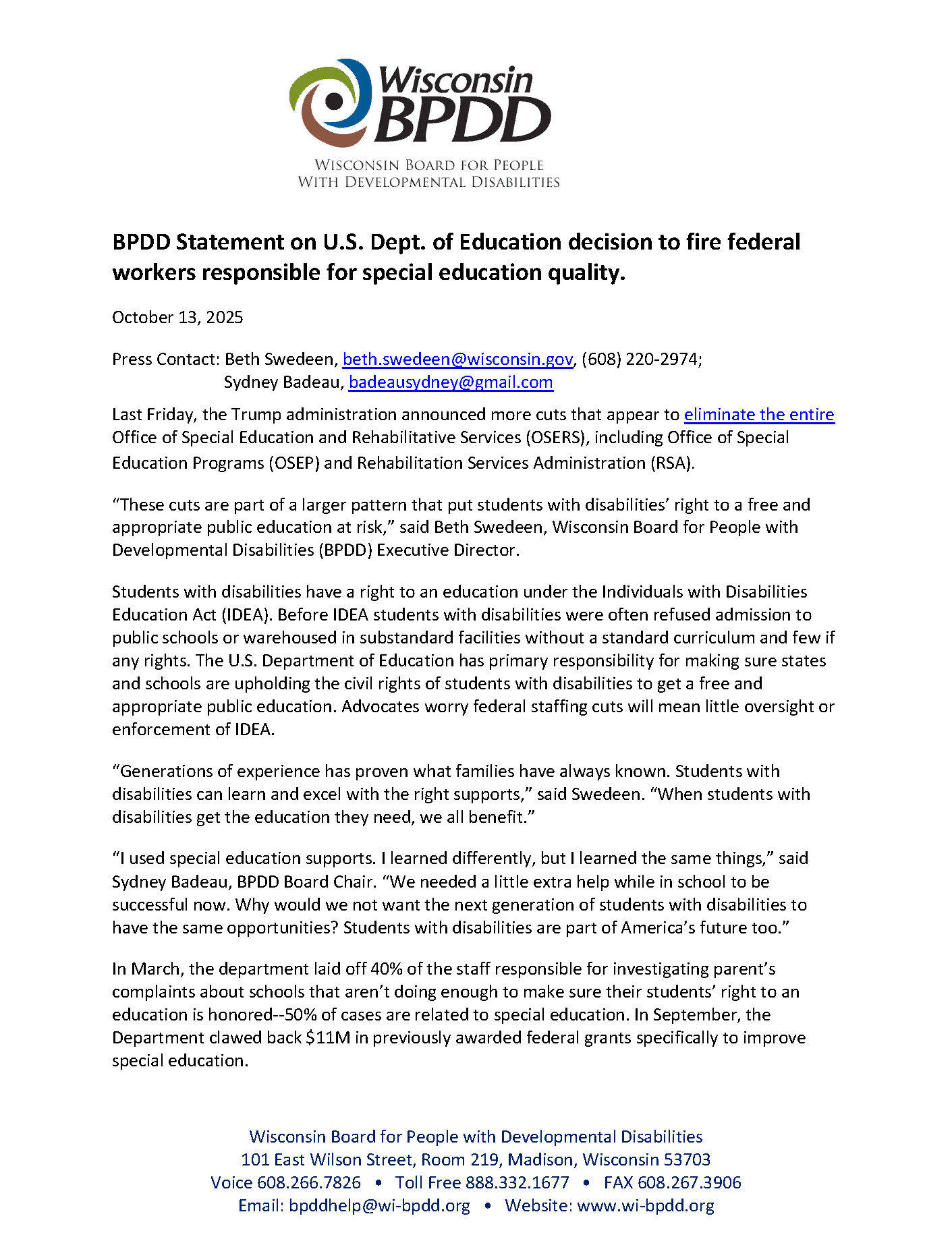 BPDD Statement on U.S. Dept. of Education decision to fire federal workers responsible for special education quality